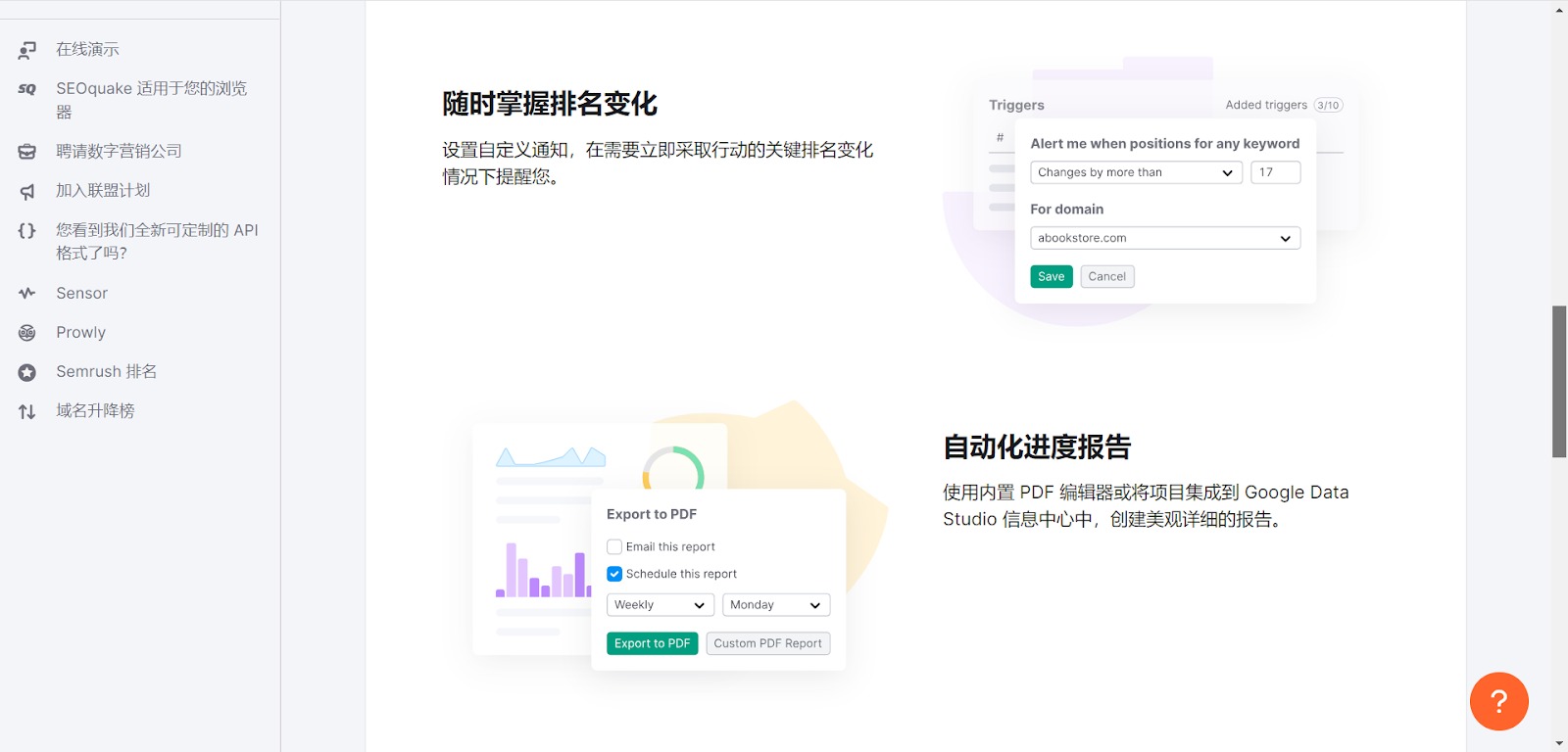 Semrush Position Tracking 介面，顯示關鍵字排名趨勢圖、SERP 特色功能追蹤與裝置分組數據