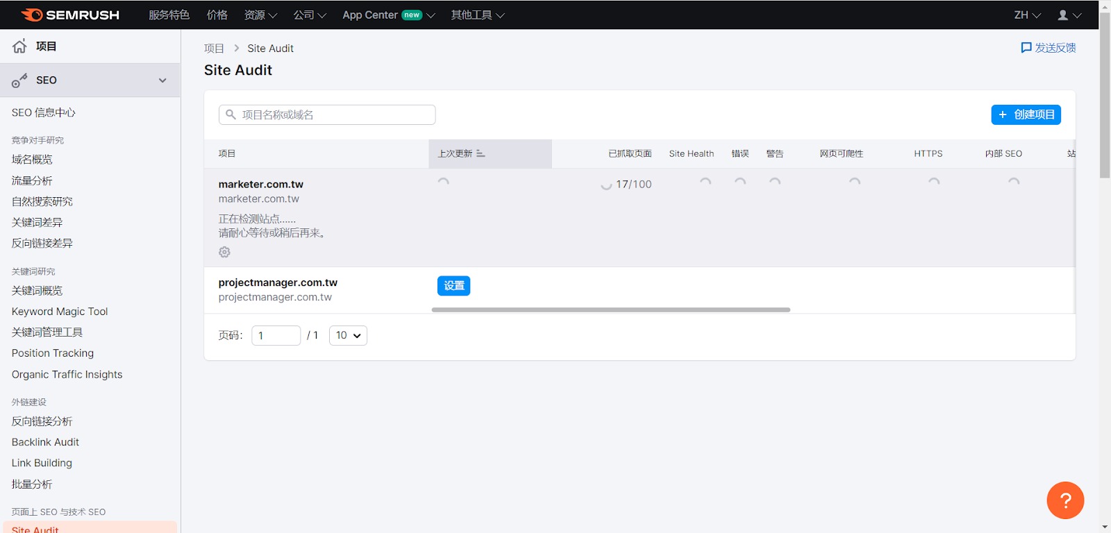 Semrush Site Audit 報告介面，顯示網站健康分數、錯誤/警告/提示分類與修復建議