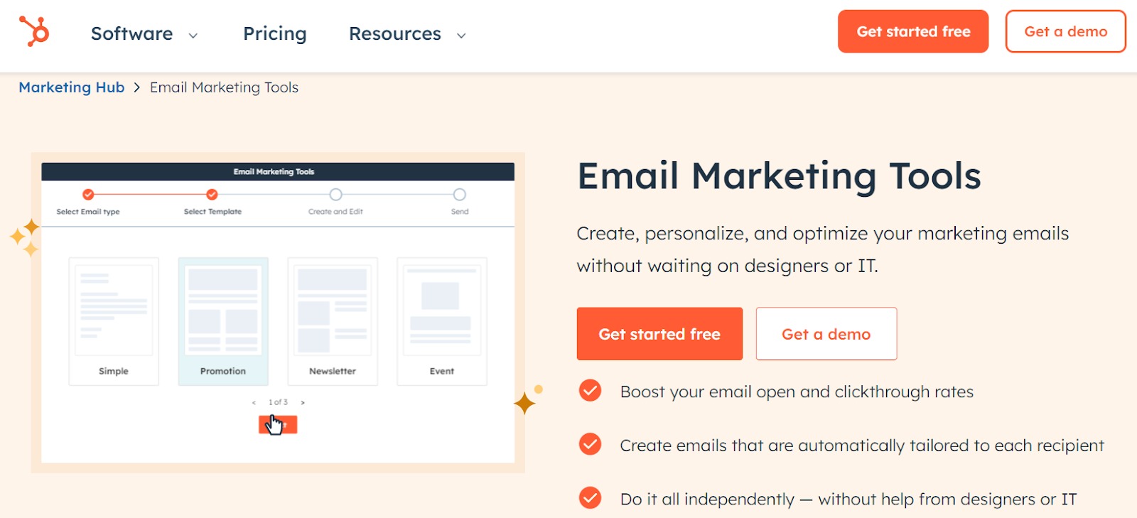 HubSpot Marketing Hub 官網頁面，展示 Workflow 自動化與 AI Chatbot