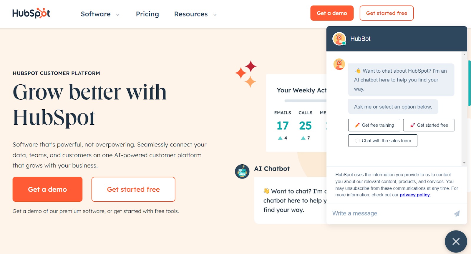 HubSpot 官網首頁（含 HubBot AI 聊天機器人對話框）