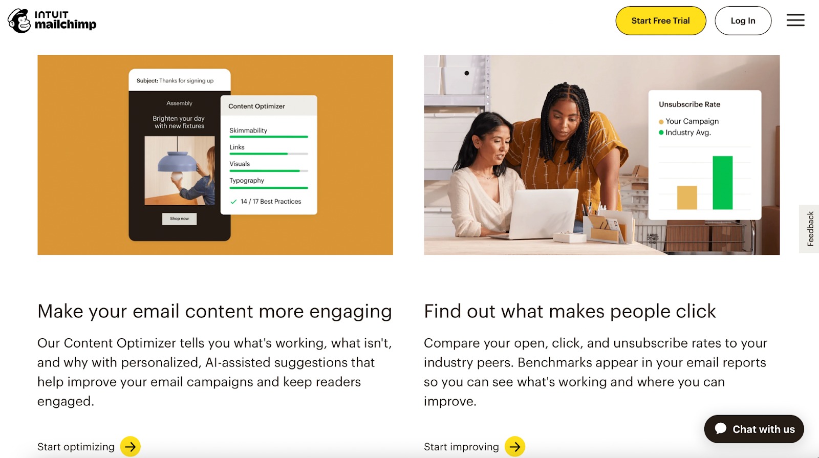 Mailchimp 標準報表畫面，顯示開信率、點擊率、退訂率等核心指標