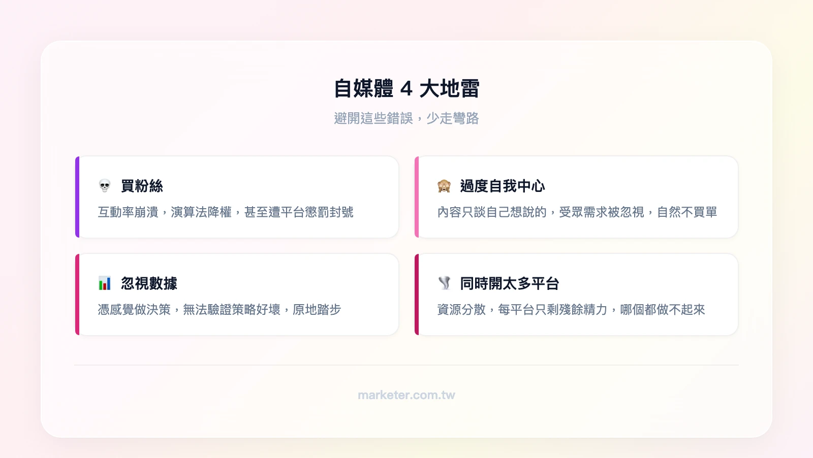 自媒體4大地雷：買粉絲（互動率崩潰+平台懲罰）、內容過度自我中心（受眾不買單）、忽視數據（憑感覺做決策）、同時開太多平台（資源分散做不起來）