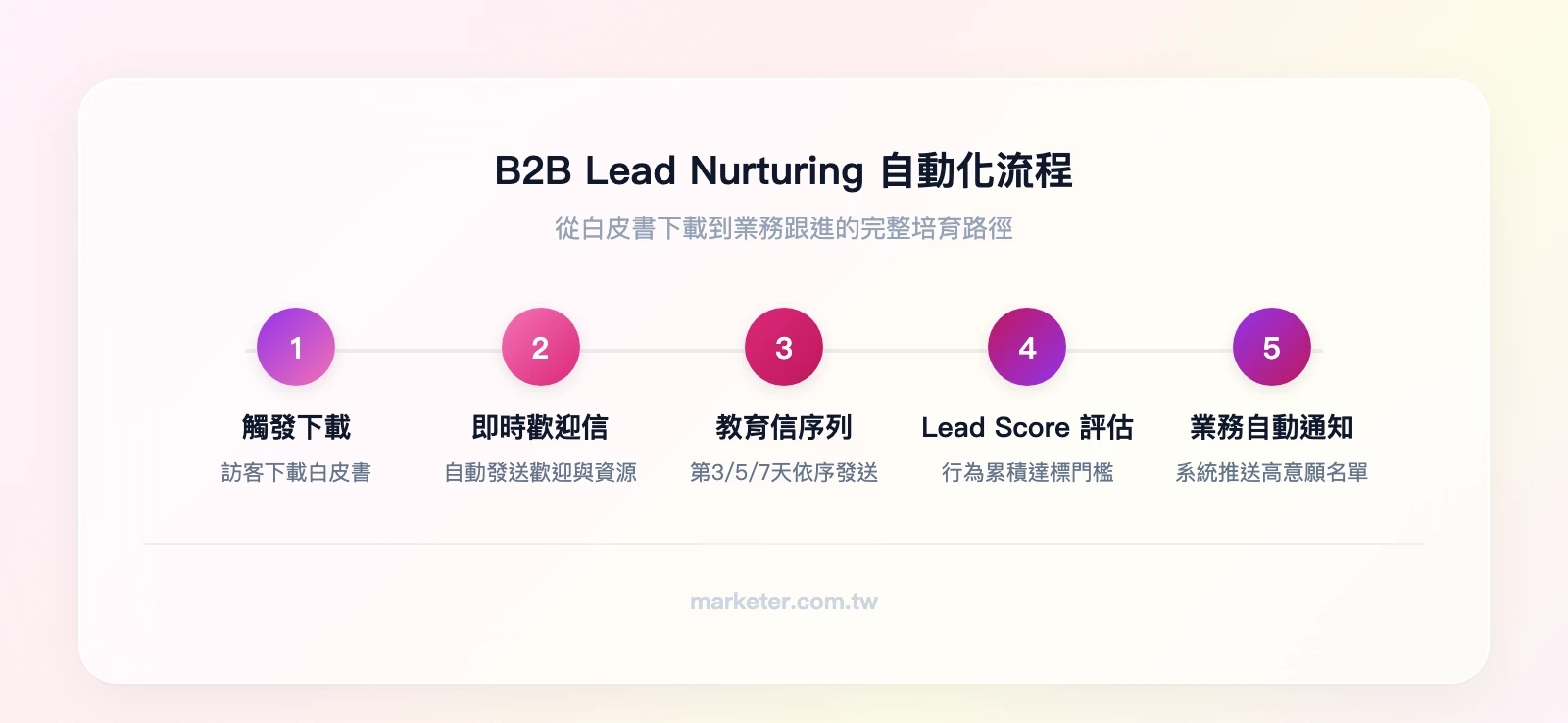 B2B Lead Nurturing 自動化流程：觸發（下載白皮書）→ 歡迎信（即時）→ 教育信序列（第3/5/7天）→ Lead Score 達標 → 自動通知業務跟進