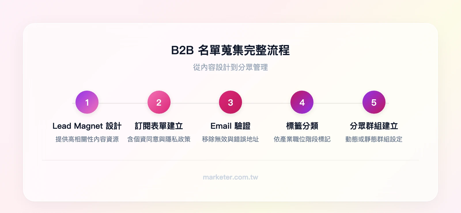 B2B 名單蒐集完整流程：Lead Magnet 設計 → 訂閱表單（含個資同意）→ Email 驗證（移除無效地址）→ 標籤分類 → 分眾群組建立