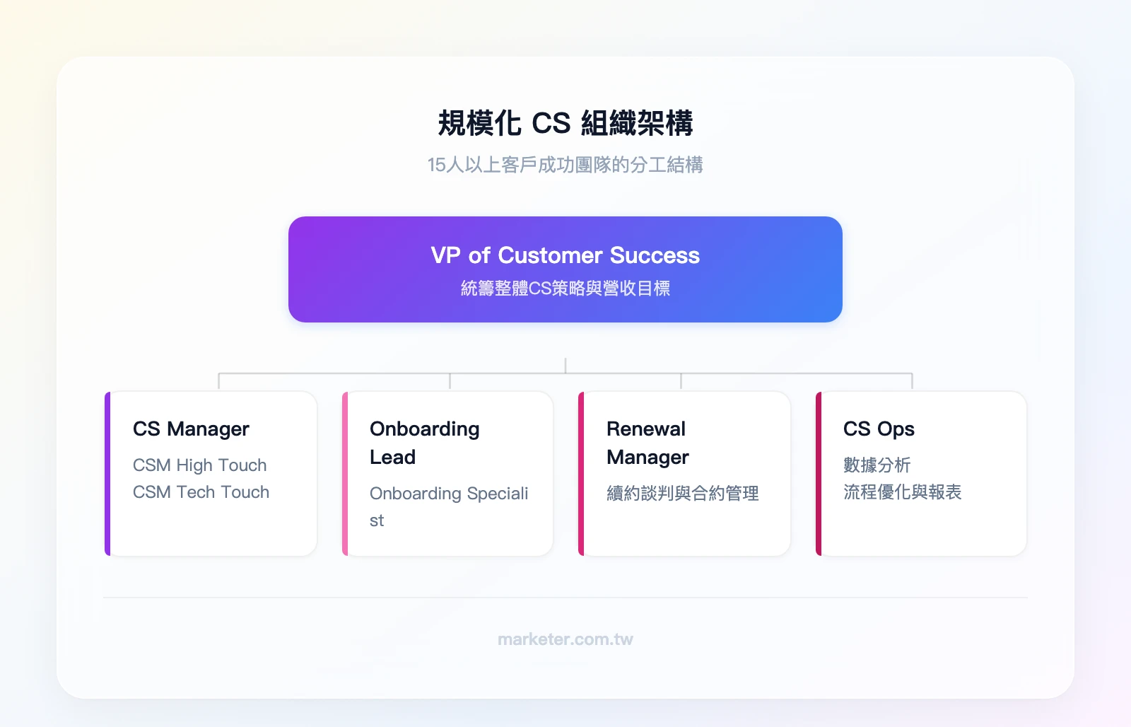 規模化 CS 組織架構：VP of Customer Success 下轄 CS Manager（管理 CSM High Touch 與 CSM Tech Touch）、Onboarding Lead（管理 Onboarding Specialist