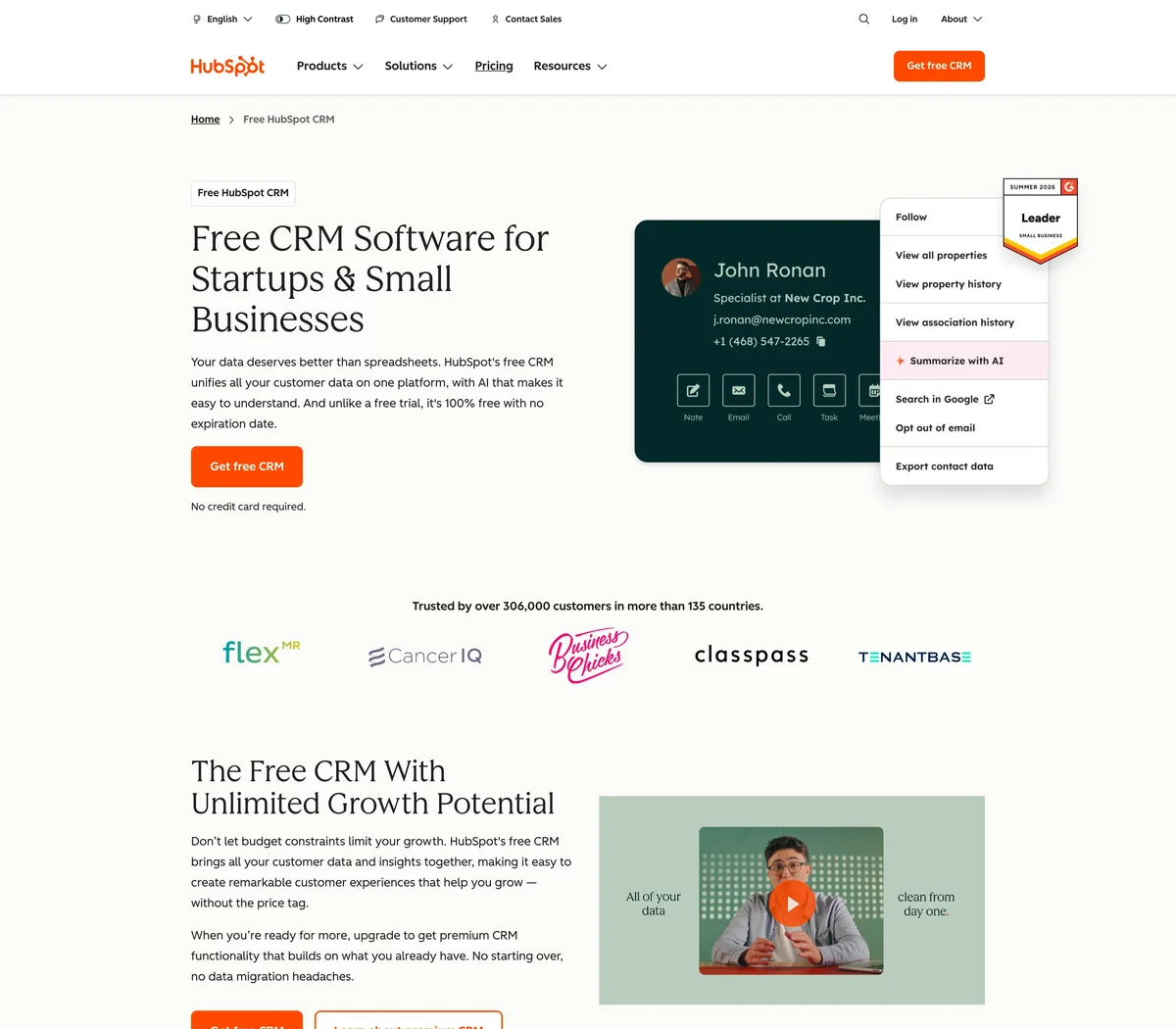 HubSpot 官方網站的CRM 客戶關係管理畫面