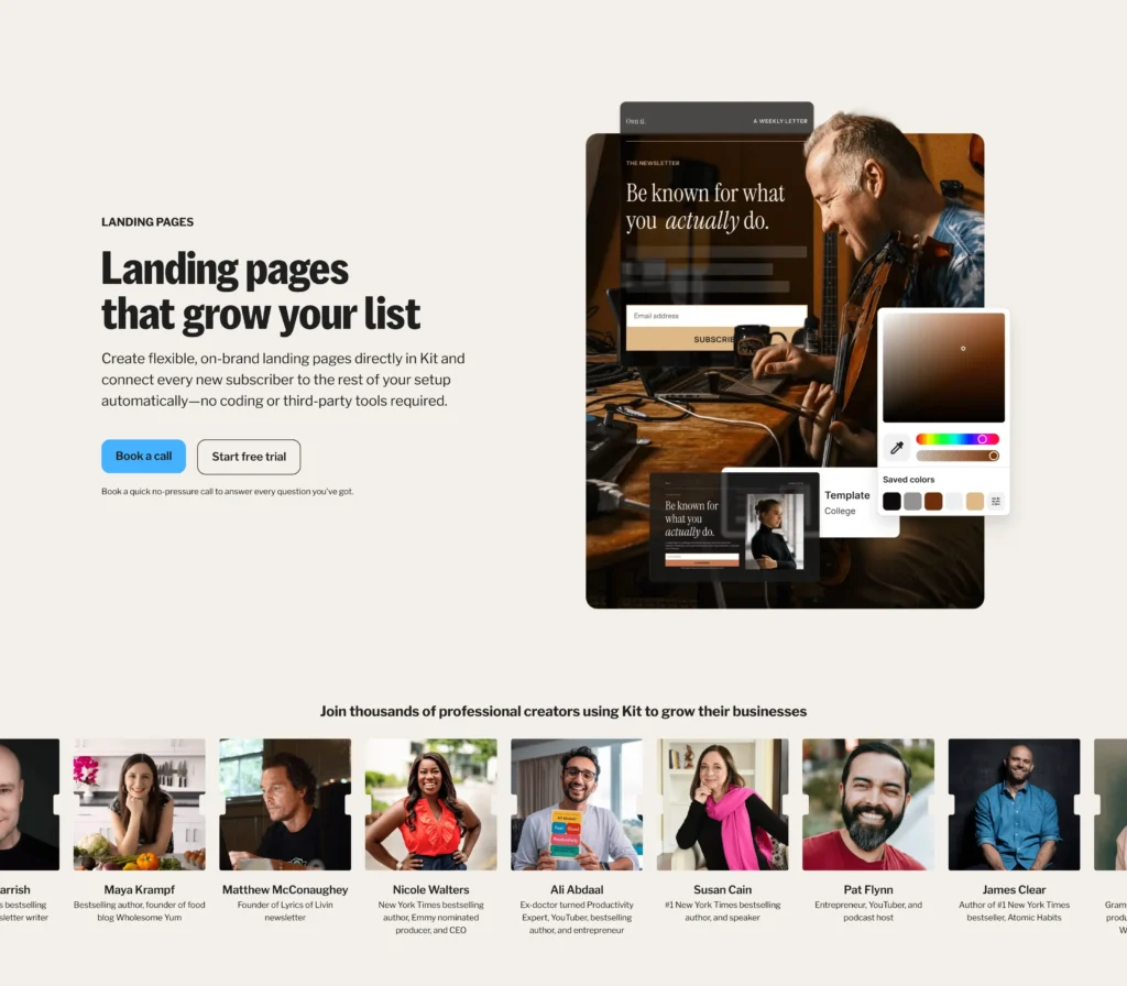 Kit 官方網站的 Landing Page 功能頁面：範本與配色自訂介面