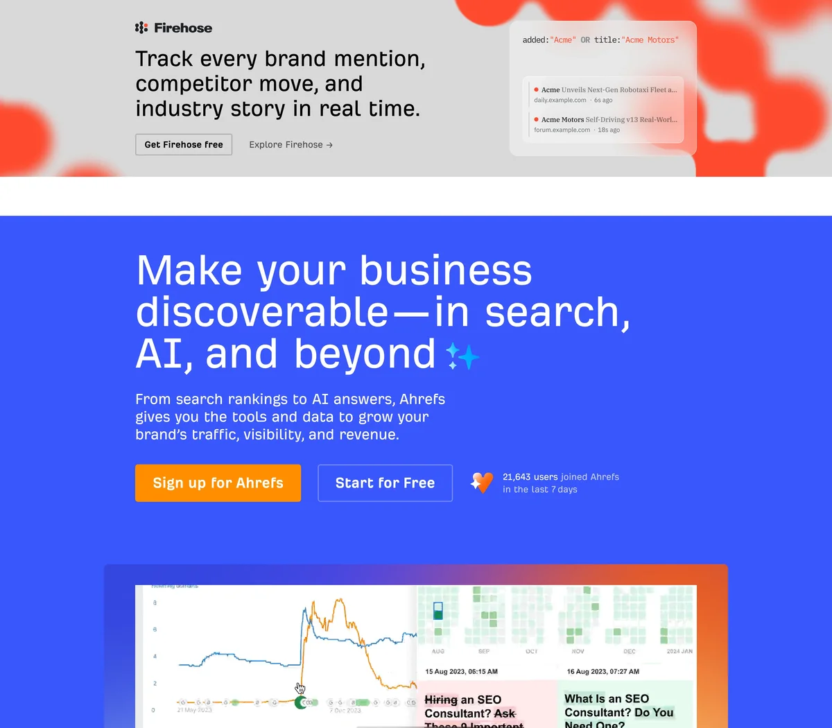 Ahrefs 官方網站的反向連結與競品分析功能介面