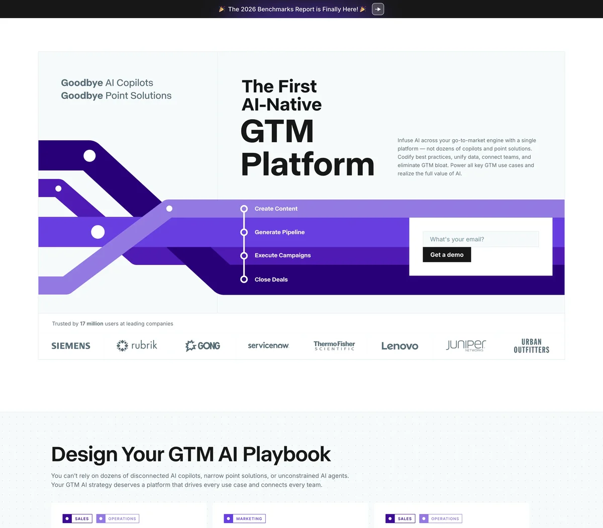 Copy.ai 官方網站,現定位為 AI 驅動的 GTM(進入市場)平台