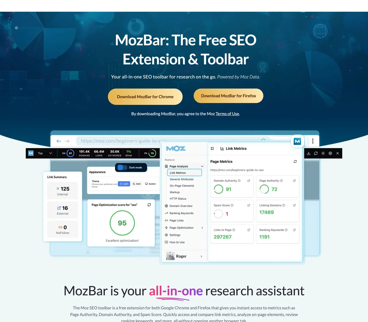 MozBar 官方頁面,說明這個免費瀏覽器擴充可即時顯示 DA、PA 與 Spam Score