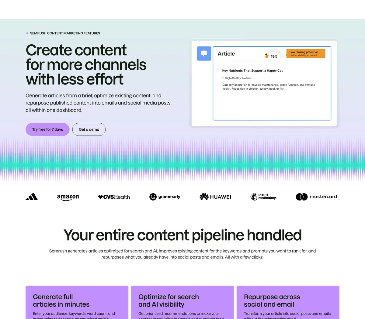 Semrush 內容行銷功能頁,涵蓋主題研究、內容範本與頁面優化建議