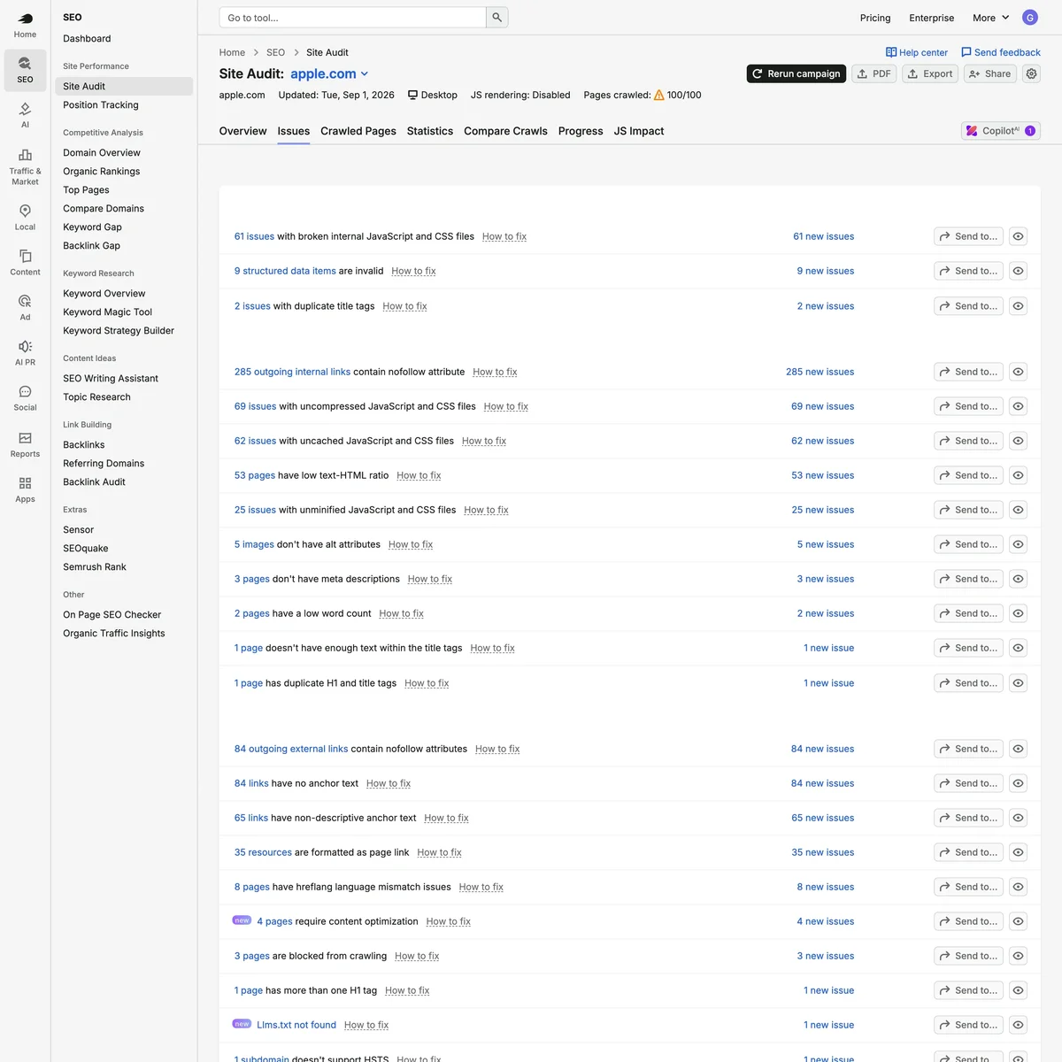 Semrush Site Audit 問題清單,依 Errors、Warnings、Notices 三種嚴重度分組