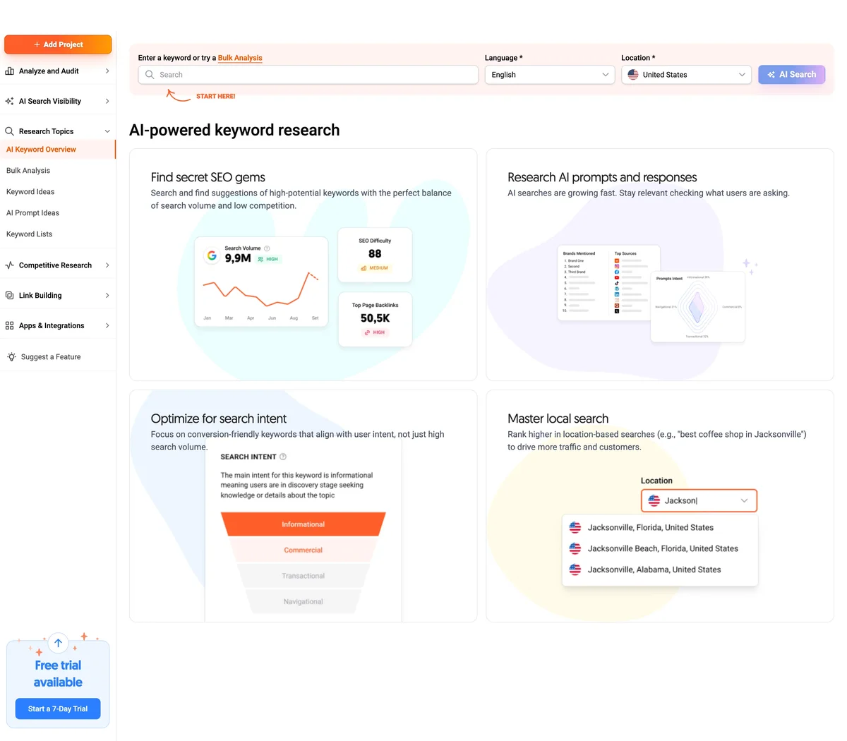 Ubersuggest 應用程式介面,顯示關鍵字研究、專案分析與 AI 搜尋能見度功能選單